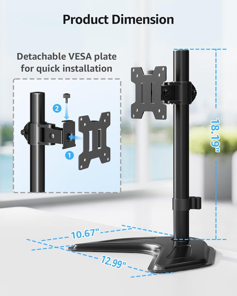 MOUNTUP Single Monitor Stands, Freestanding VESA Monitor Desk Mount fits 13'' to 32'' Computer Screen with Height Adjustable, Swivel, Tilt, Rotation, Holds up to 17.6 lbs, VESA 75x75/100x100 MU0023 - Image 5